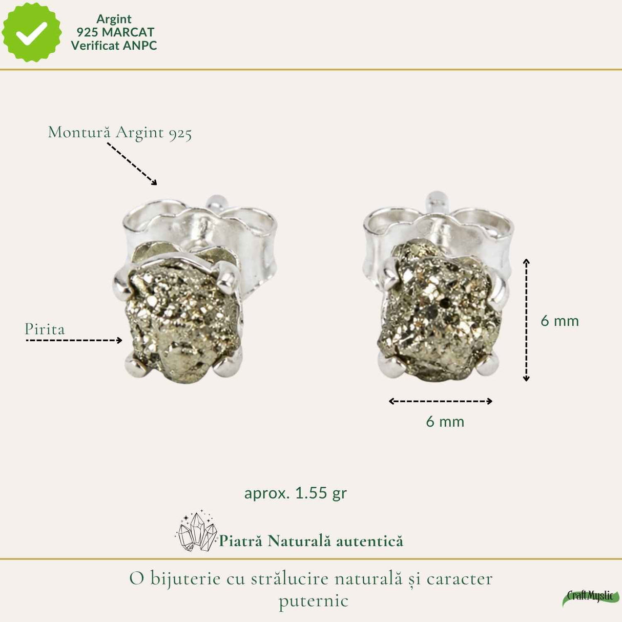 Cercei argint 925 cu Pirita bruta – protectie si incredere autentica