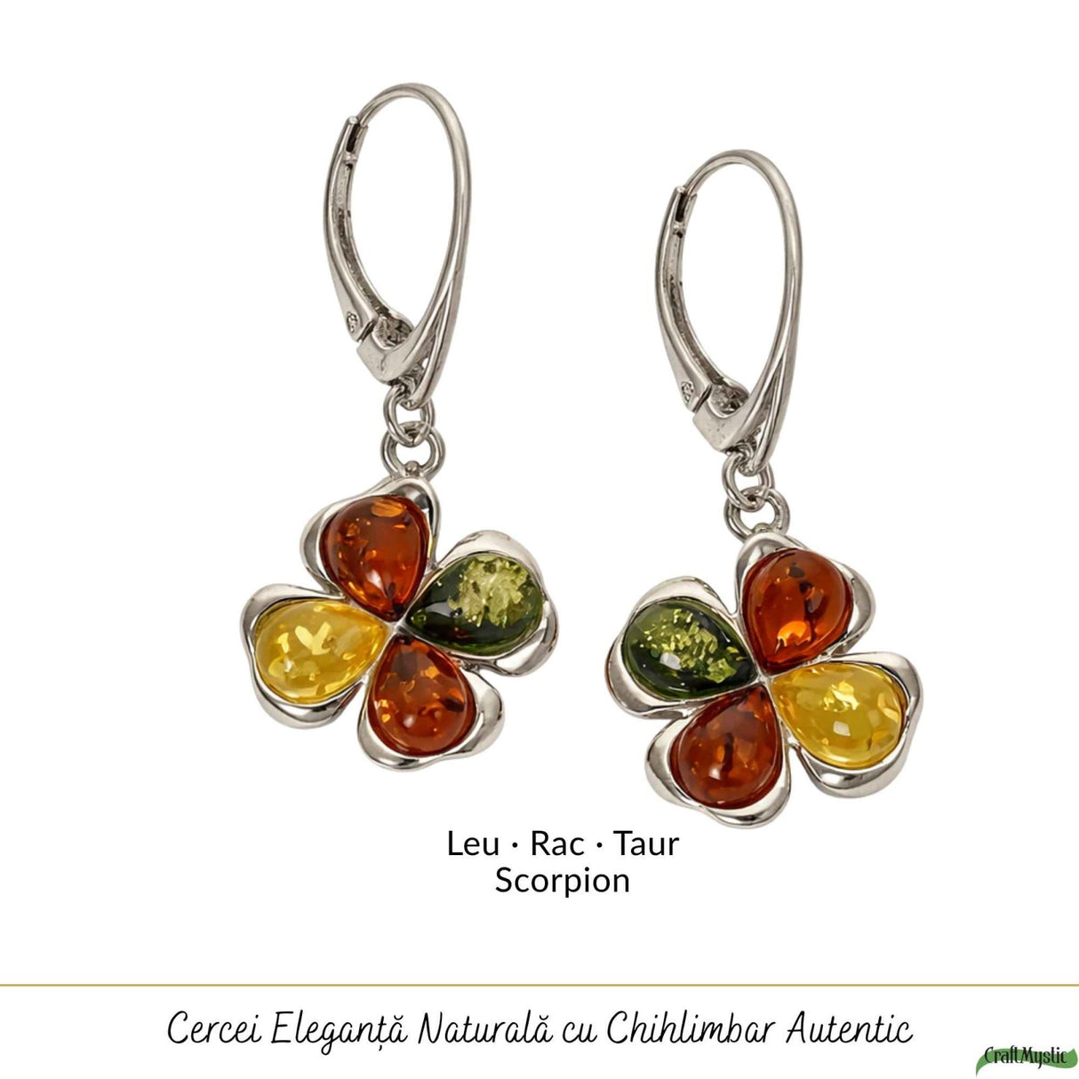 Cercei Argint 925 Trifoi cu Chihlimbar Multicolor - Noroc, Energie Pozitiva si Eleganta