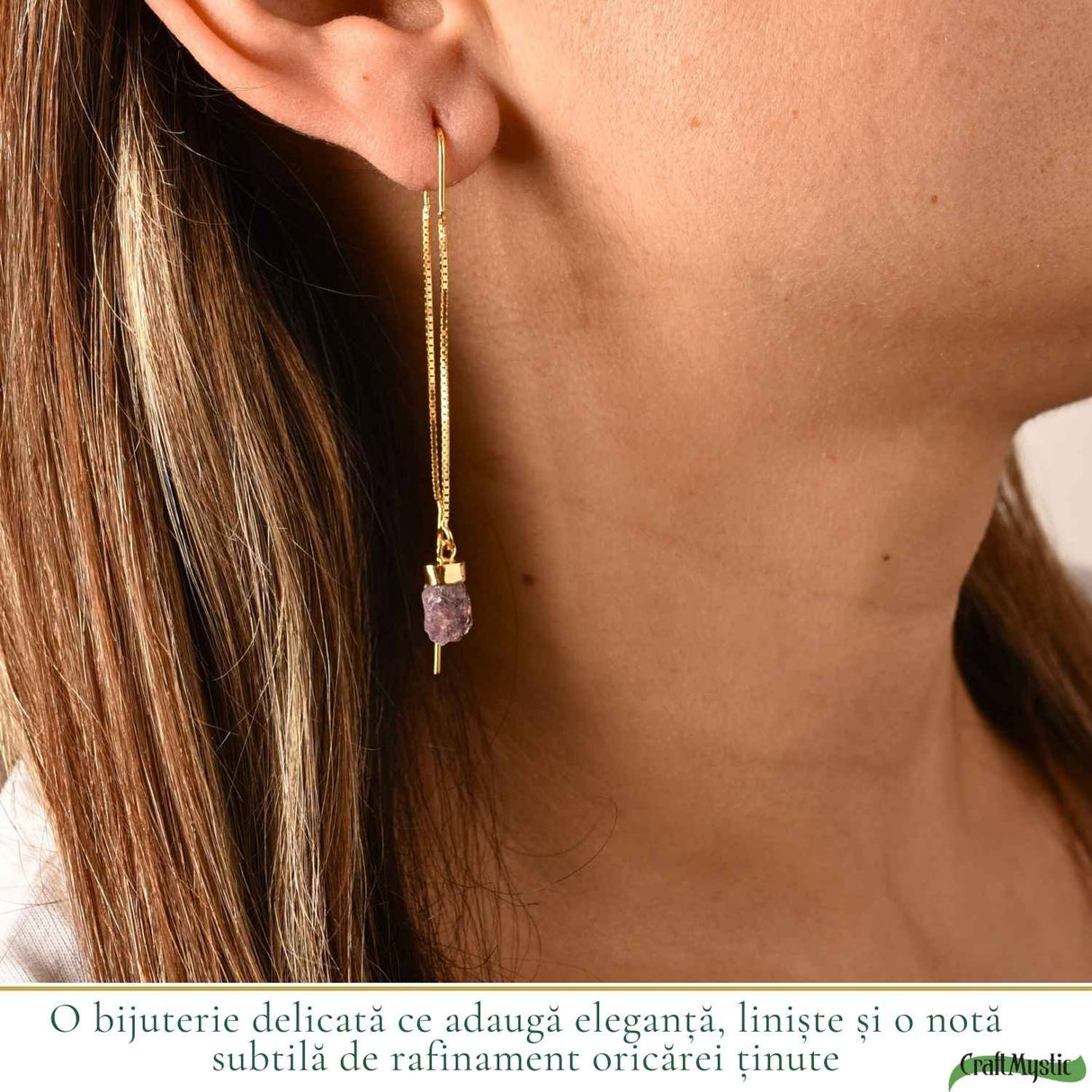 Cercei Argint 925 Placat Aur 18K cu Ametist Brut pe Lant – Calm, Claritate si Eleganta