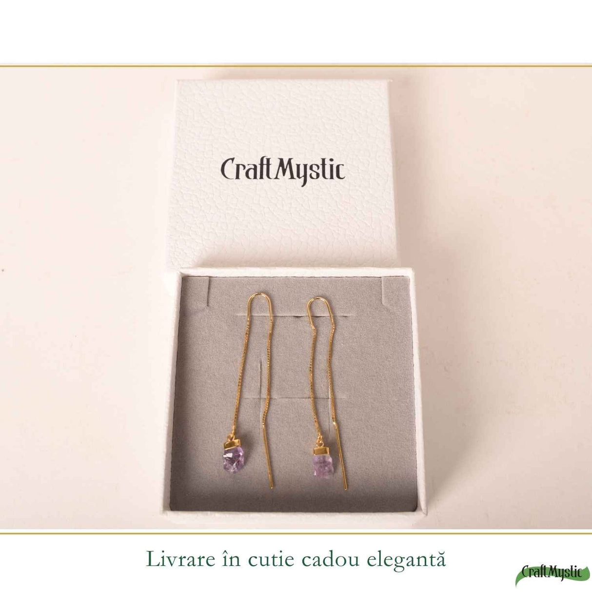 Cercei Argint 925 Placat Aur 18K cu Ametist Brut pe Lant – Calm, Claritate si Eleganta
