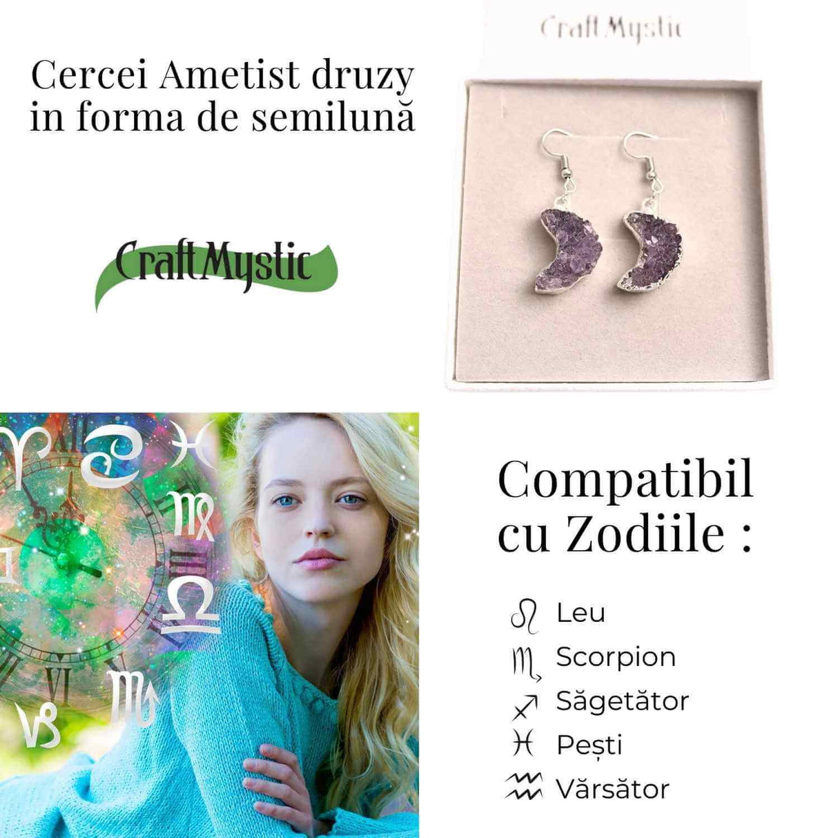 Cercei Argintii cu Ametist Druzy Natural Semiluna - Protectie si Claritate