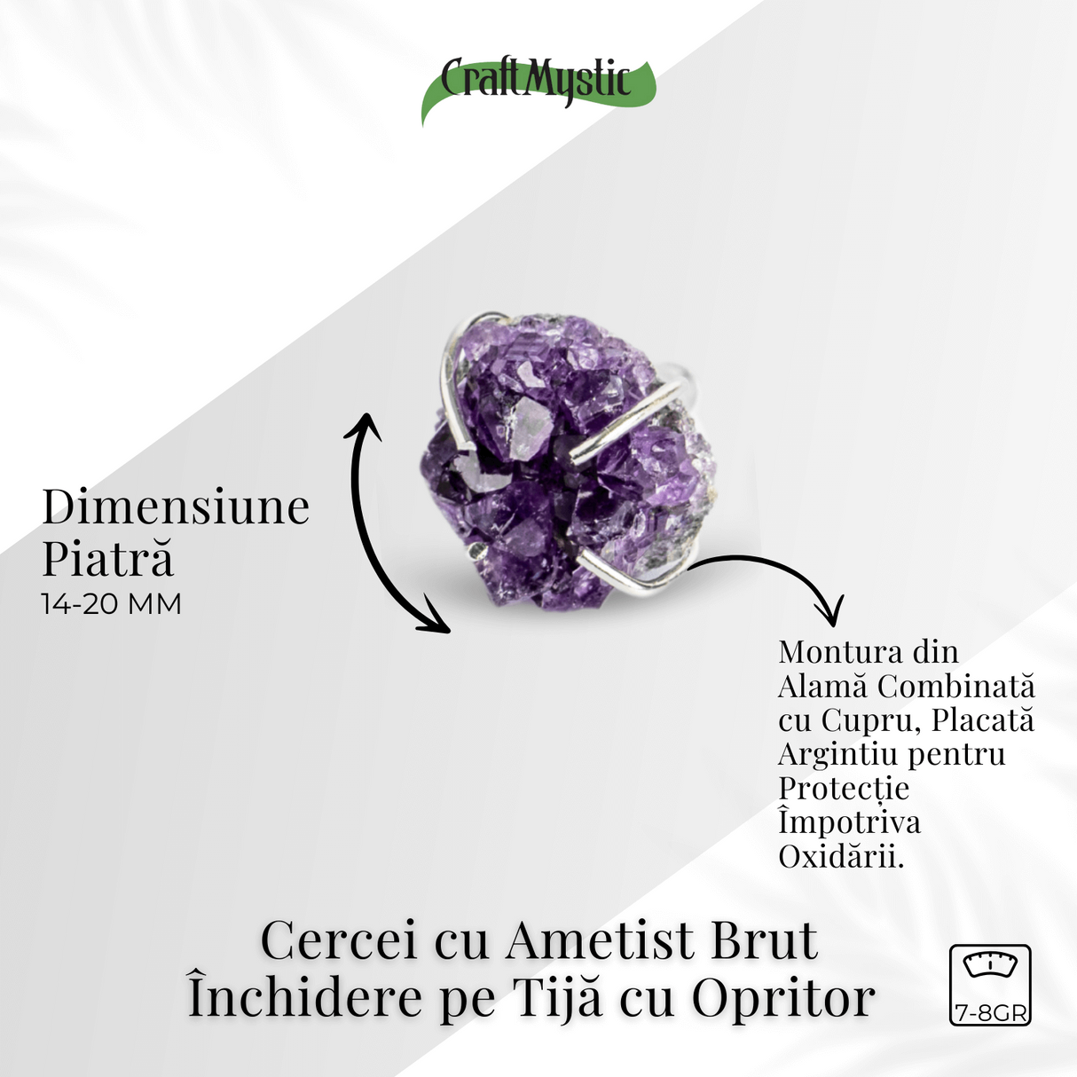 Cercei cu Cristal de Ametist Druzy - Inchidere pe Tija cu Opritor