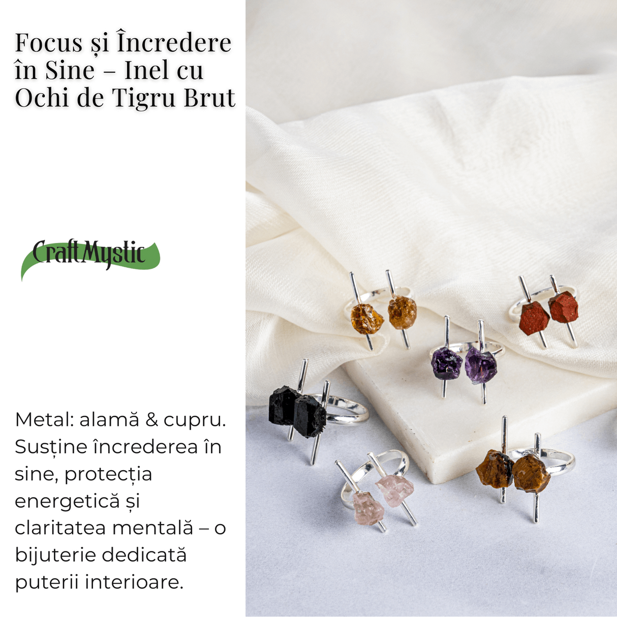 Focus si incredere in sine - Inel argintiu cu ochi de tigru brut