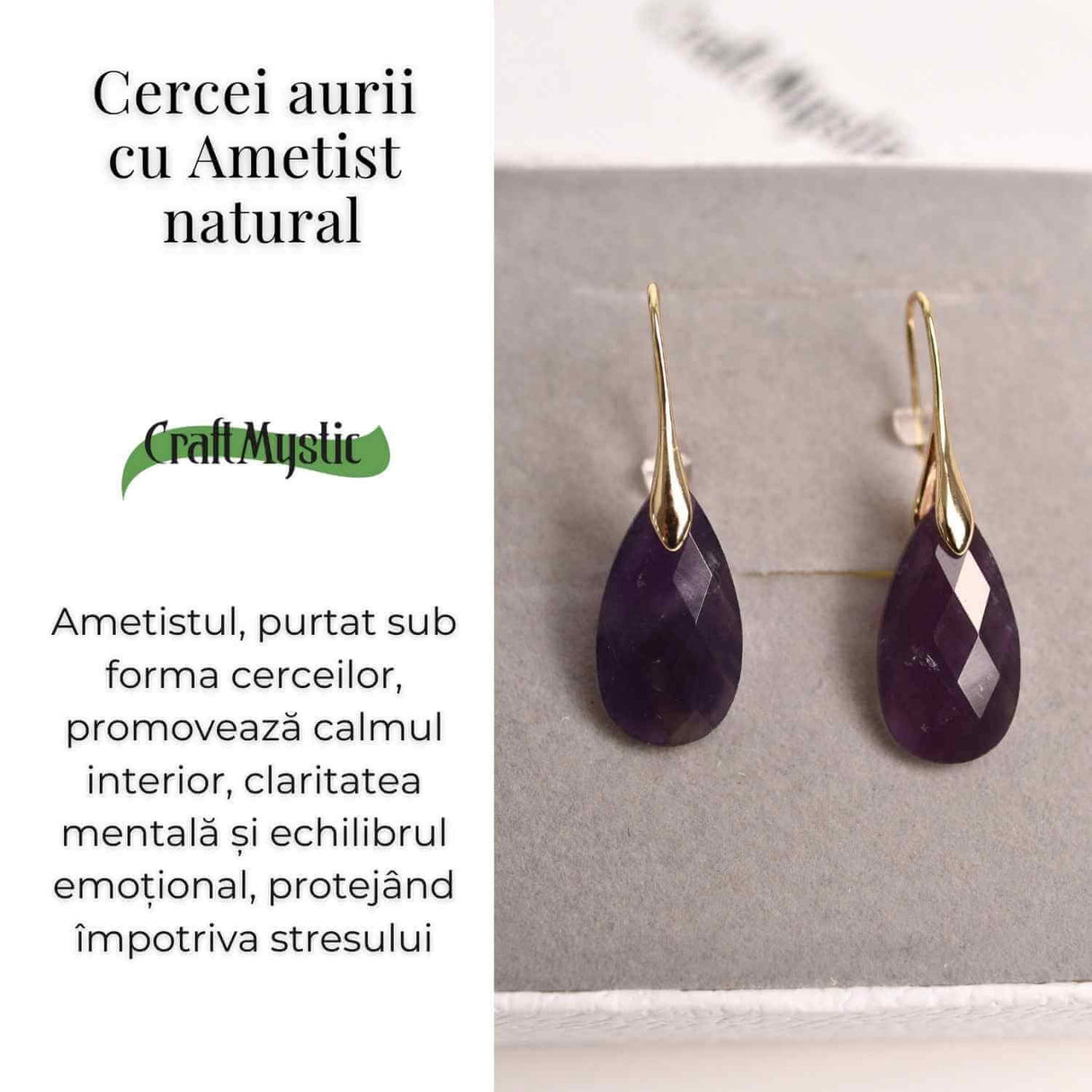 Cercei Aurii eleganti cu Ametist natural Fatetat - Eleganta si Calm Interioar