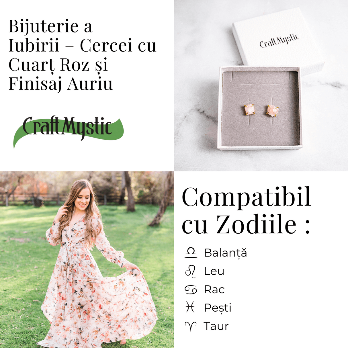 Bijuterie a Iubirii - Cercei cu Cuart Roz si Finisaj Auriu
