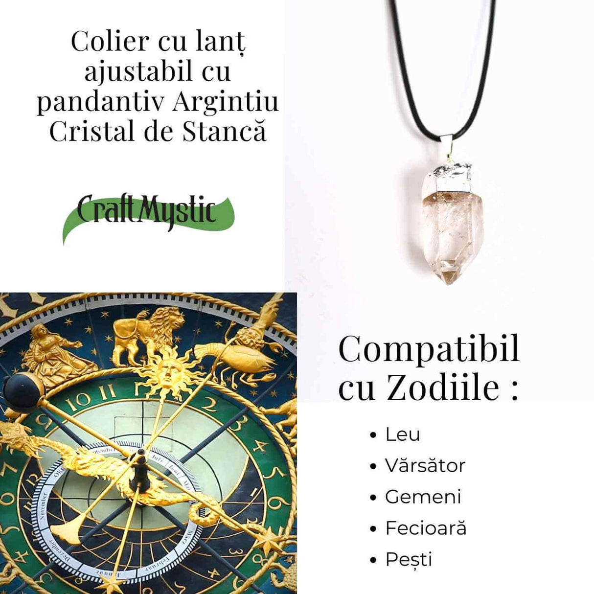 Colier cu pandantiv argintiu din cuart de stanca - Claritate si Energie Pozitiva