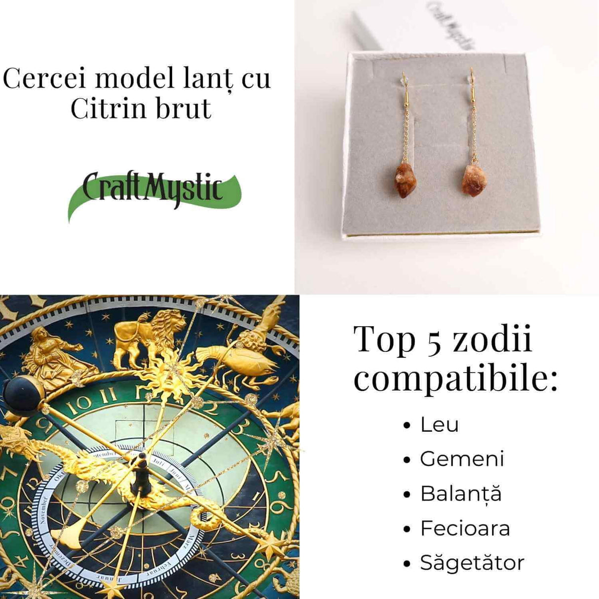 Cercei Aurii model lant cu Citrin Brut - Prosperitate si Eleganta Naturala