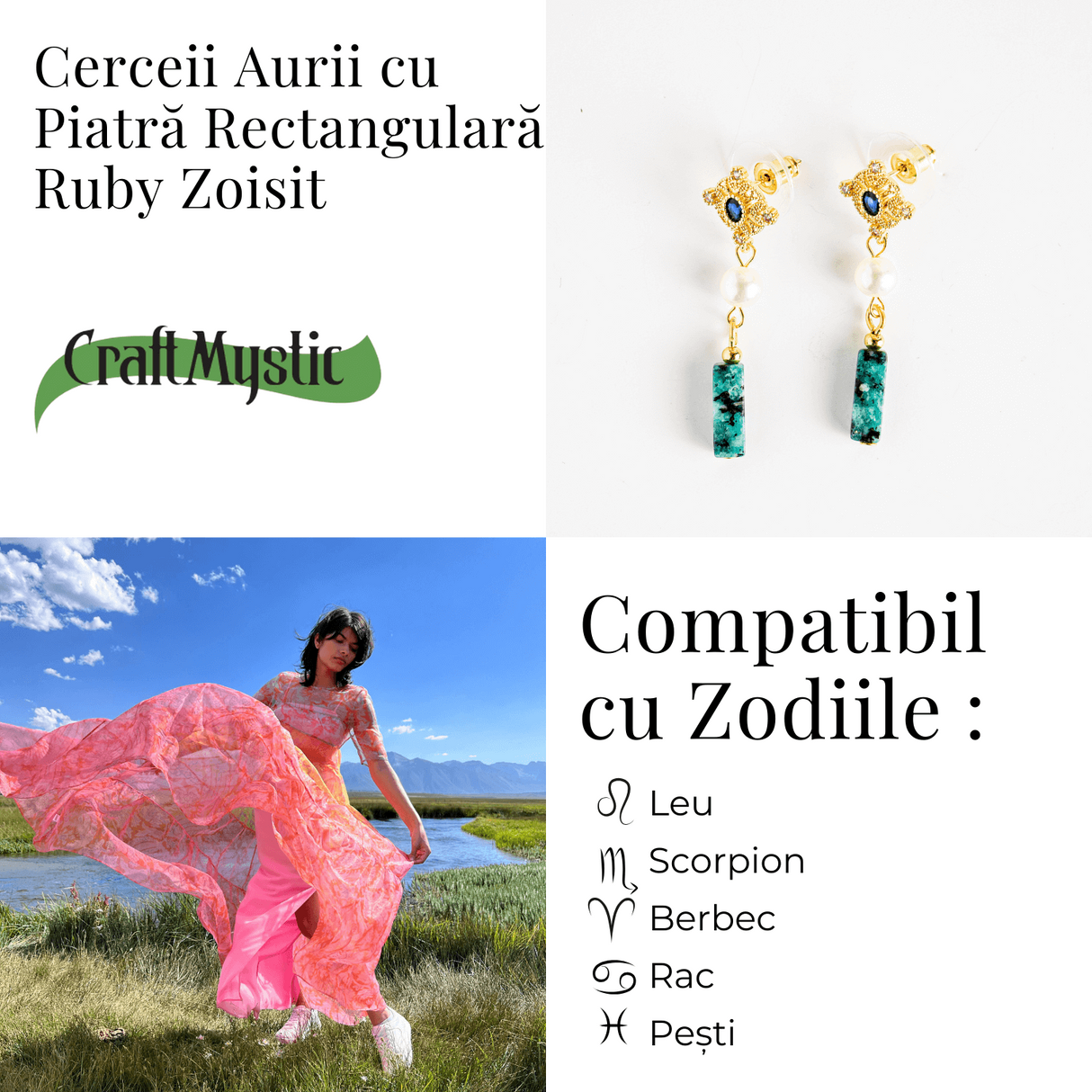 Cercei Aurii cu Perla Sintetica si Piatra de Ruby Zoisit - Eleganta si Echilibru Spiritual