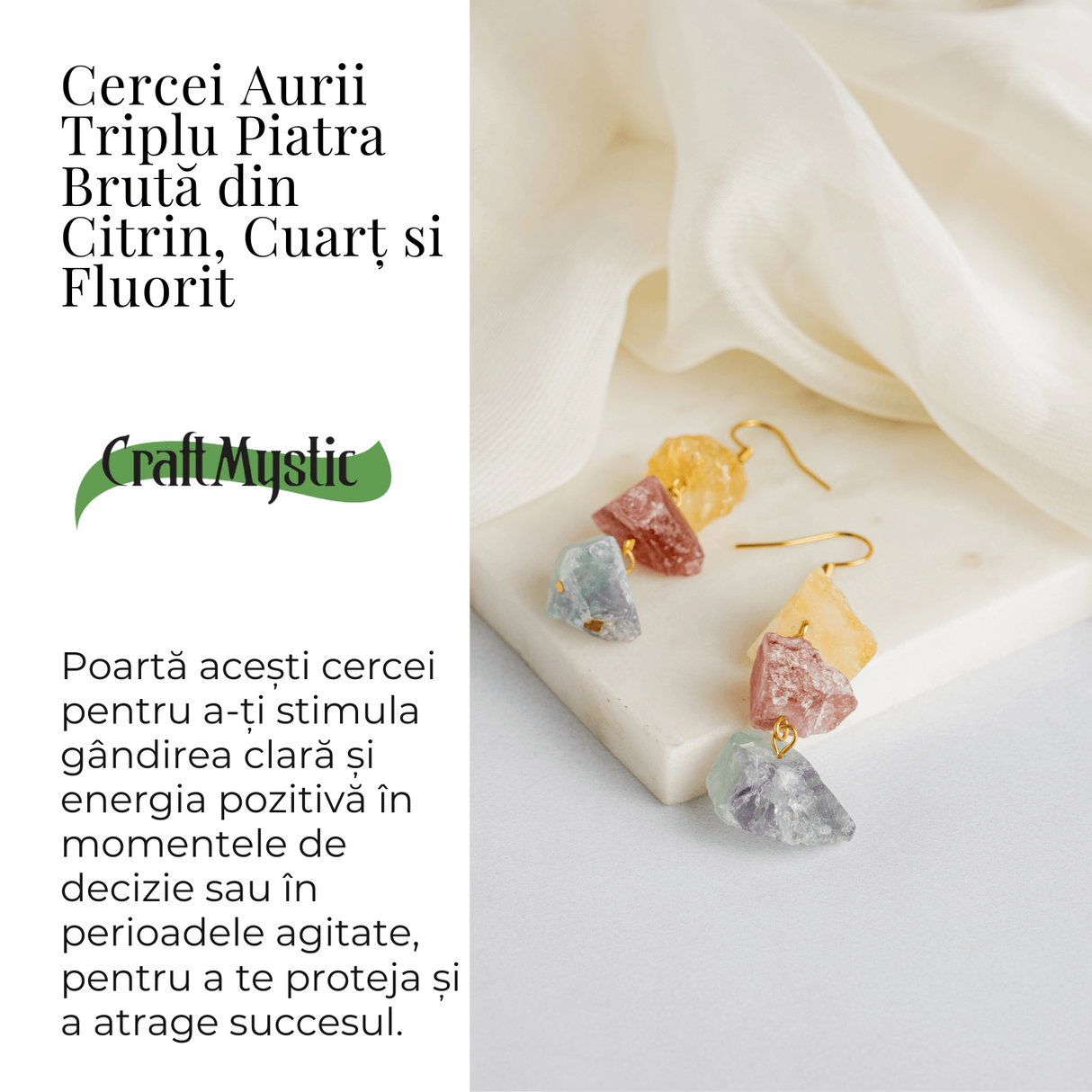 Cercei Aurii cu Citrin, Cuart Roz si Fluorit - Energie Pozitiva si Unicitate