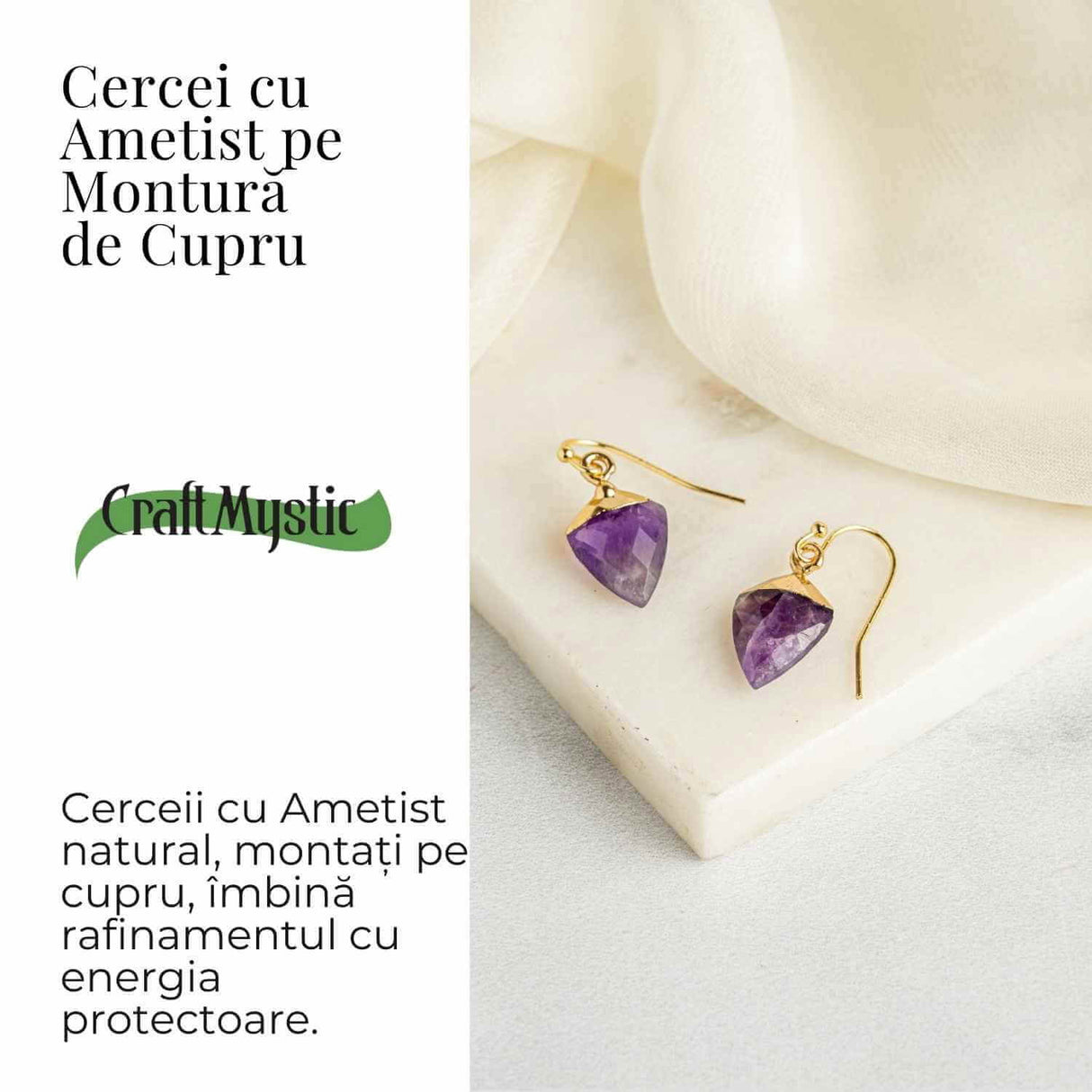 Cercei Aurii Eleganti cu Ametist Natural Fatetat - Eleganta si Protectie