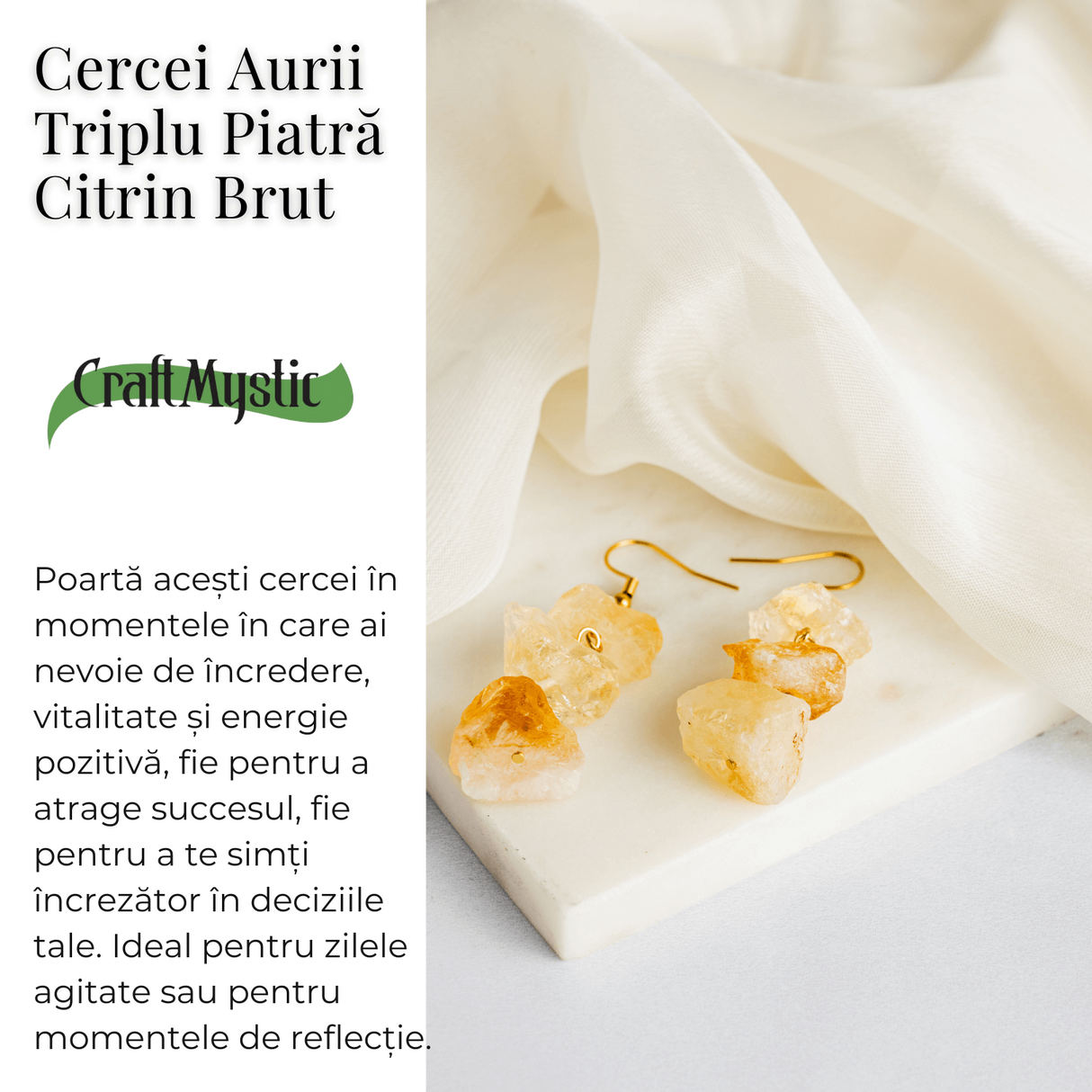 Cercei Aurii cu Triplu Piatra de Citrin Brut - Putere si Energie Pozitiva