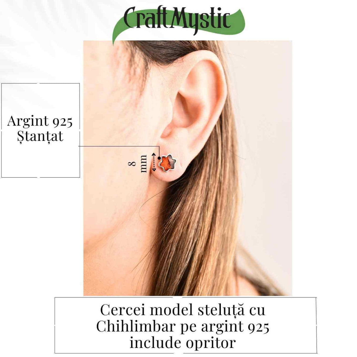 Cercei Steluta din argint 925 cu Chihlimbar Natural Maro - Protectie si Eleganta