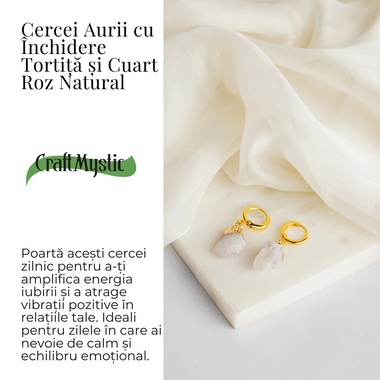 Cercei Aurii cu Cuart Roz Brut Natural - Iubire si Echilibru