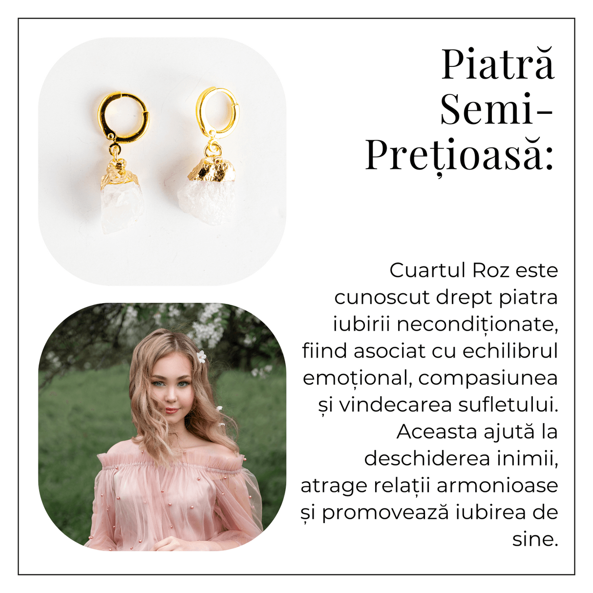 Cercei Aurii cu Cuart Roz Brut Natural - Iubire si Echilibru