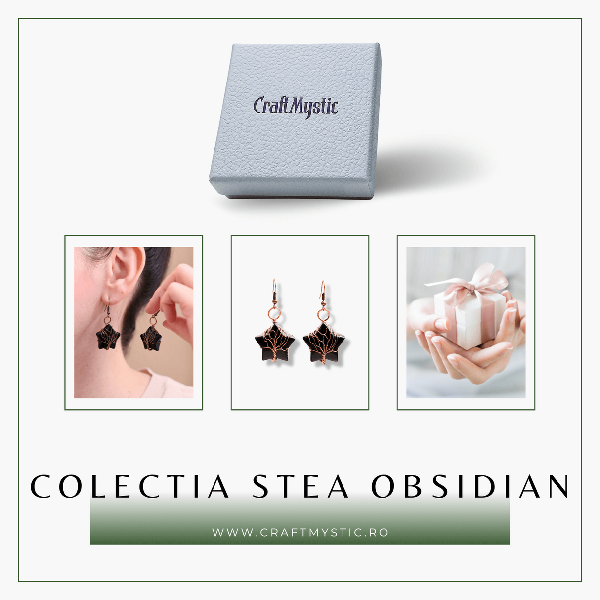 Cercei Aurii cu Piatra de Obsidian in Forma de Stea