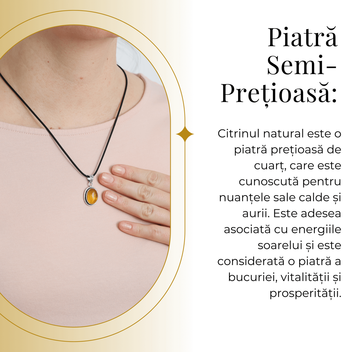 Colier Reglabil cu Pandantiv Oval din Metal Argintiu si Citrin Natural