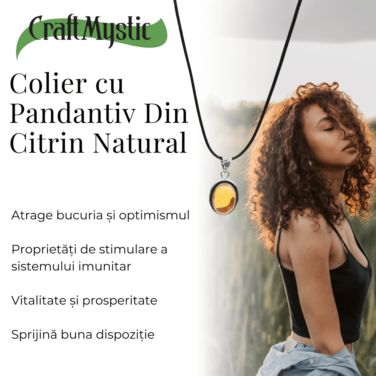 Colier Reglabil cu Pandantiv Oval din Metal Argintiu si Citrin Natural