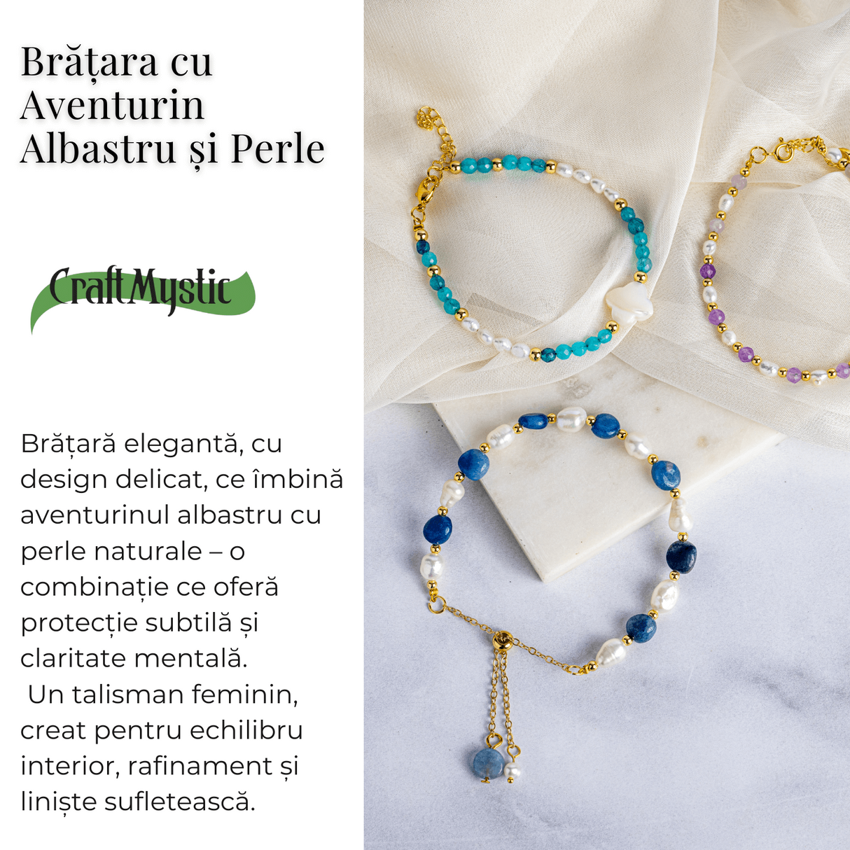 Protectie si claritate - Bratara cu aventurin albastru si perle