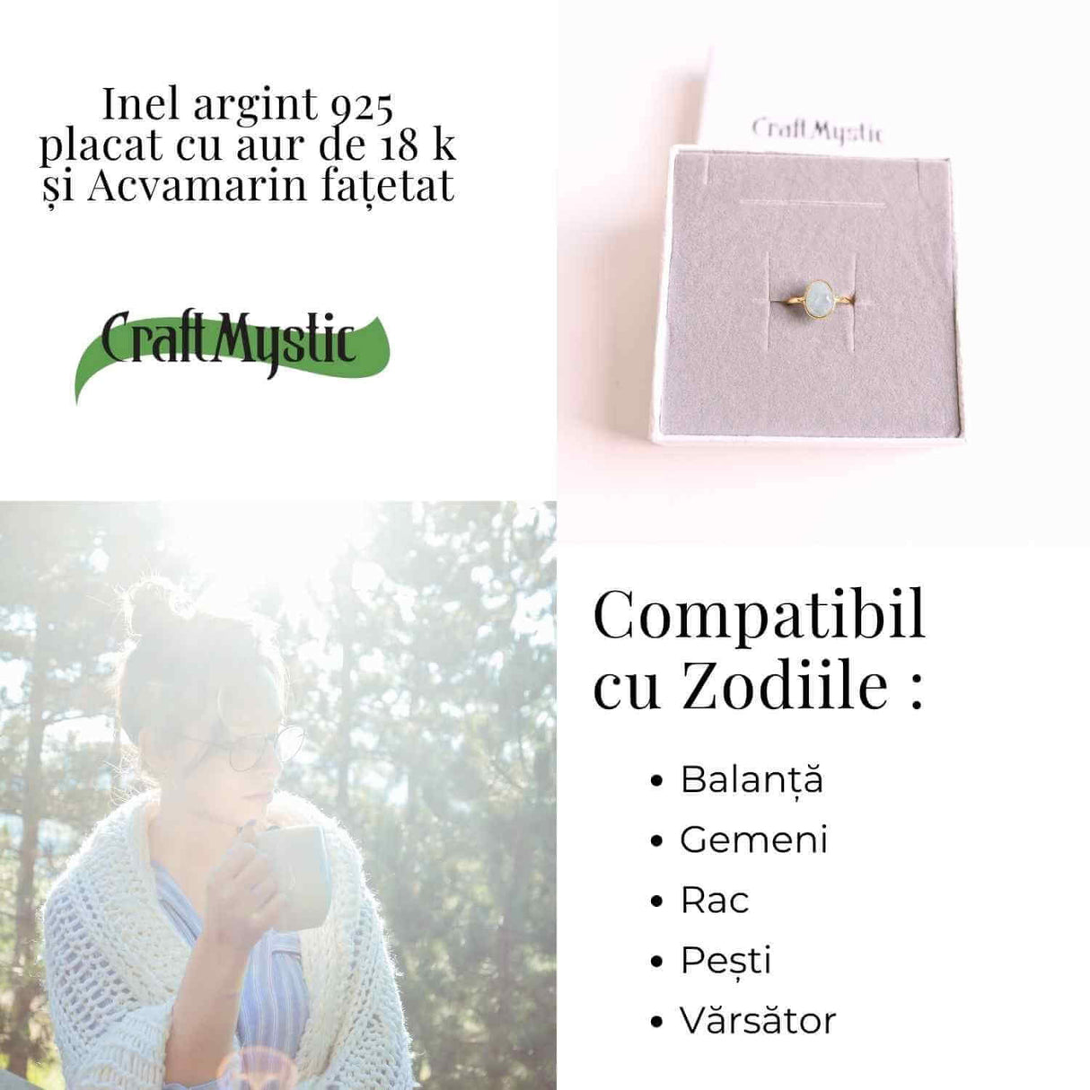 Inel cu Acvamarin Fatetat din Argint 925 placat cu Aur de 18K 1.59gr M50.5/5.5- Liniste Interioara si Claritate in Comunicarea Sufletului