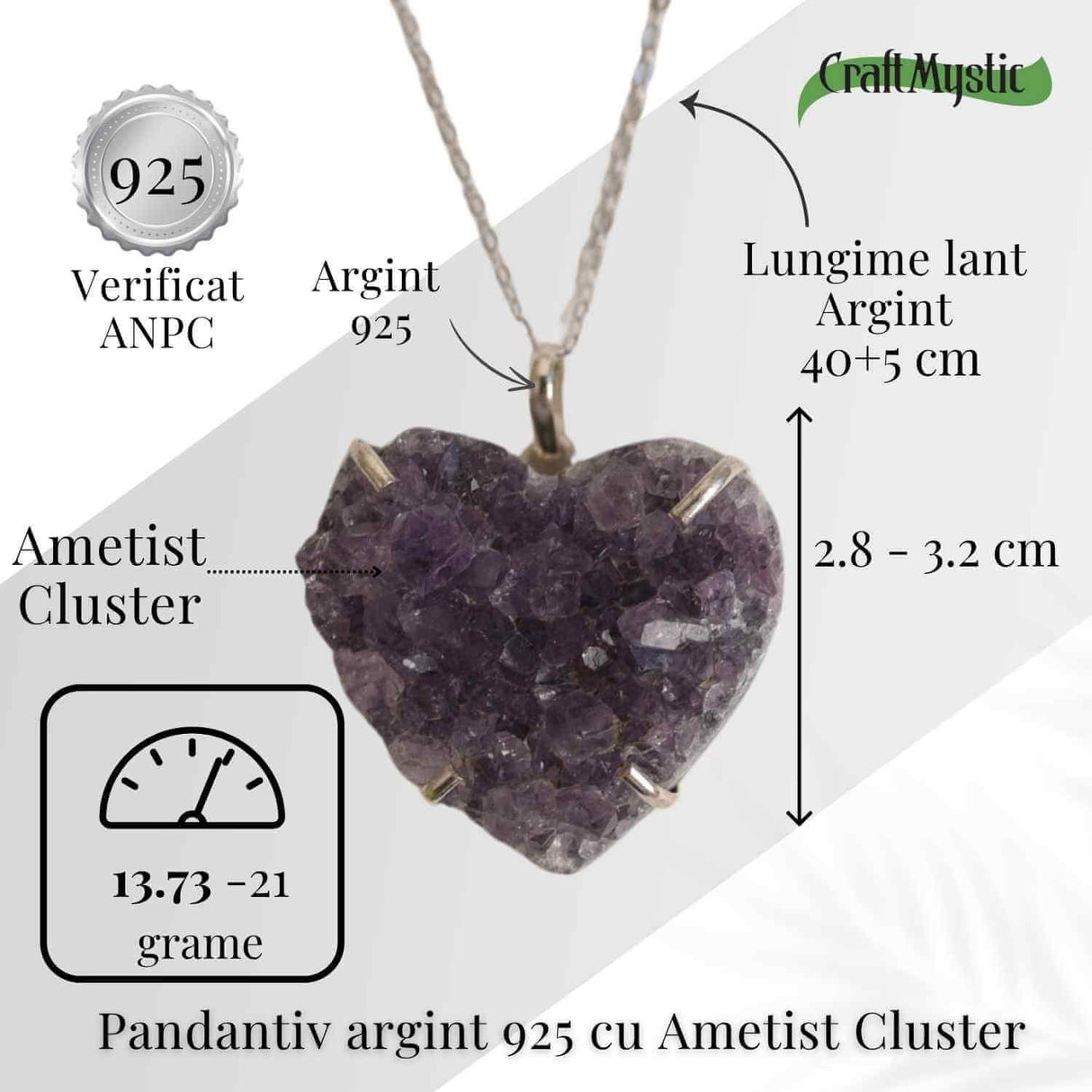 Liniste si Claritate Interioara - Colier Inima cu Ametist Cluster din argint 925