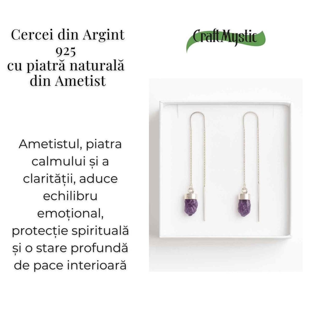 Calm si Echilibru Interior - Cercei Lungi din Argint 925 cu Piatra Naturala de Ametist