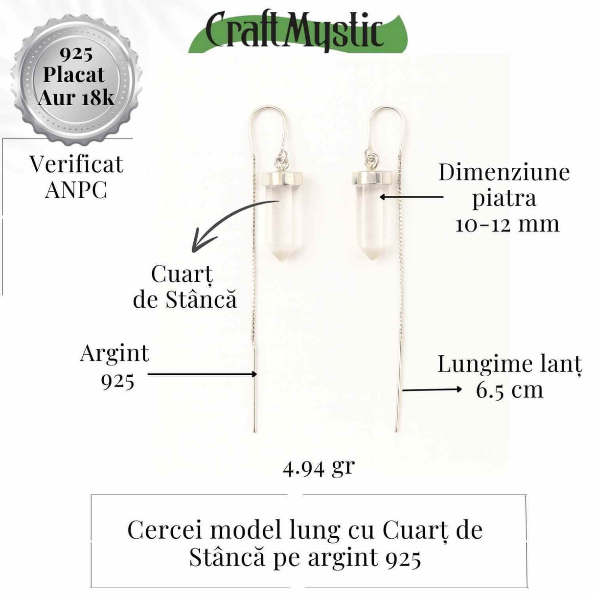 Claritate mentala si purificare - Cercei lungi din argint 925 cu Cuart de Stanca natural