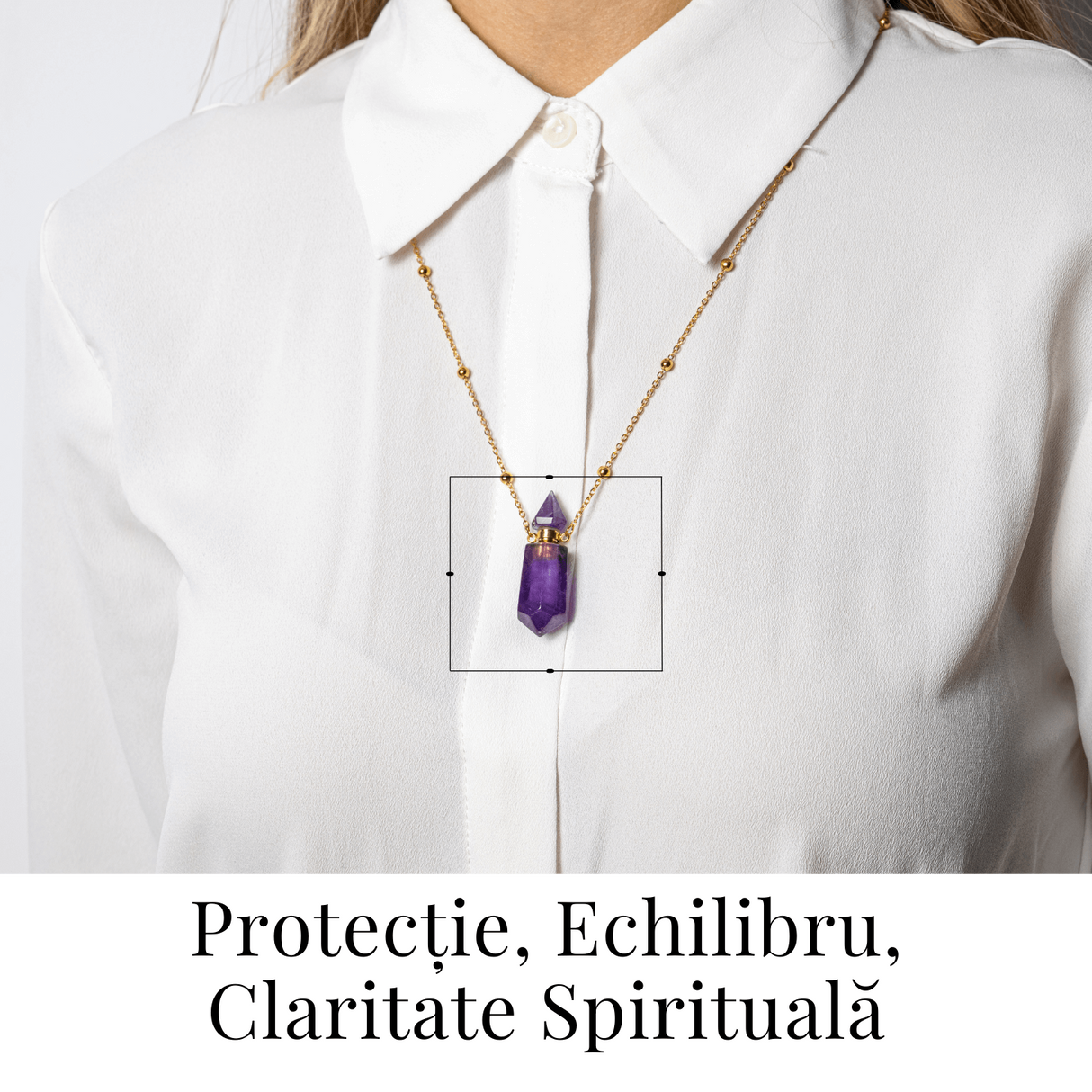 Protectie si Claritate - Colier Sticluta Pendul din Ametist Natural, lant cupru Placat Auriu