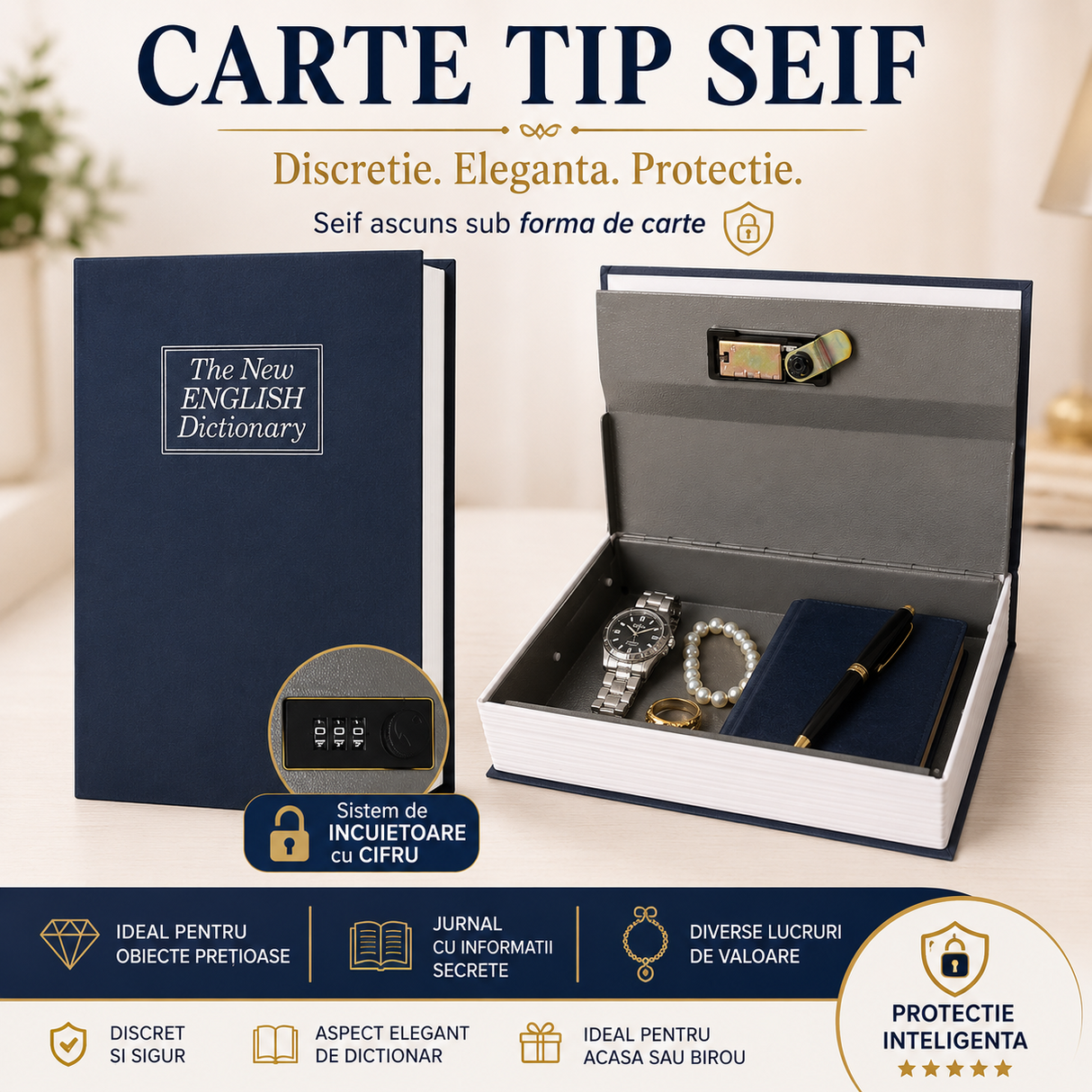 Seif Tip Carte cu Inchidere Cifru – Protectie Discreta pentru Obiecte de Valoare