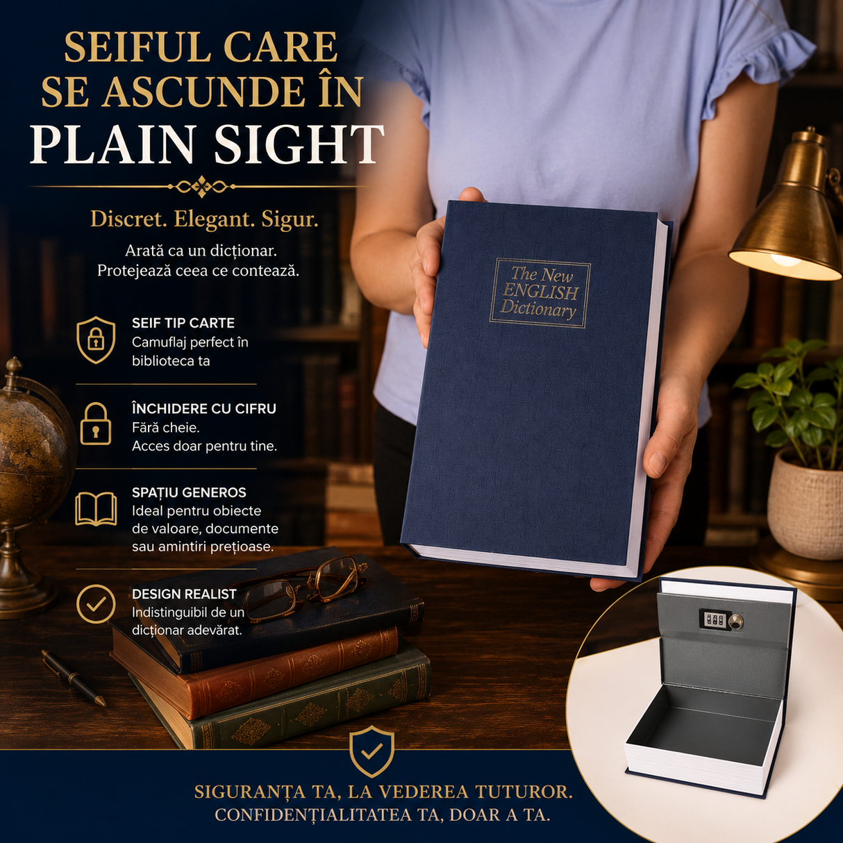 Seif Tip Carte cu Inchidere Cifru – Protectie Discreta pentru Obiecte de Valoare
