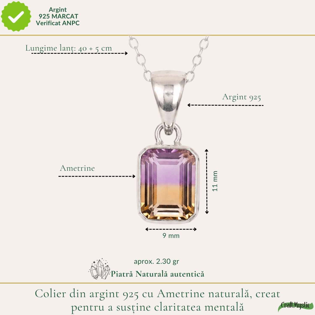 Colier Ametrin Dreptunghi din Argint 925 – Claritate Mentala si Echilibru Interior