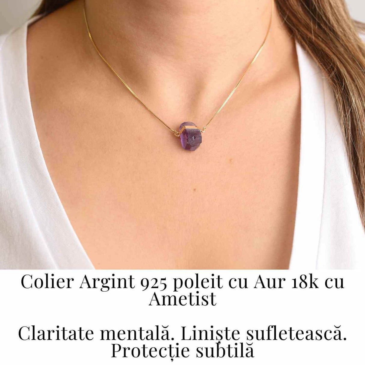 Colier Ametist Brut din Argint 925 Placat cu Aur 18K - Claritate Mentala si Liniste Interioara