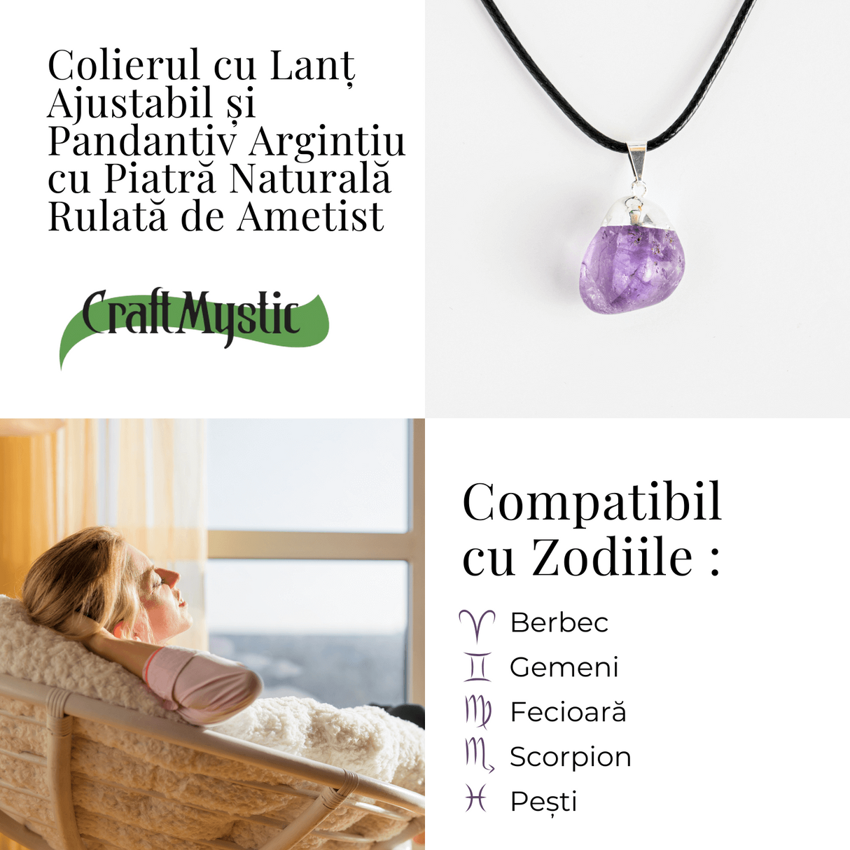 Colier cu Piatra Rulata de Ametist Natural - Calm si Protectie Spirituala