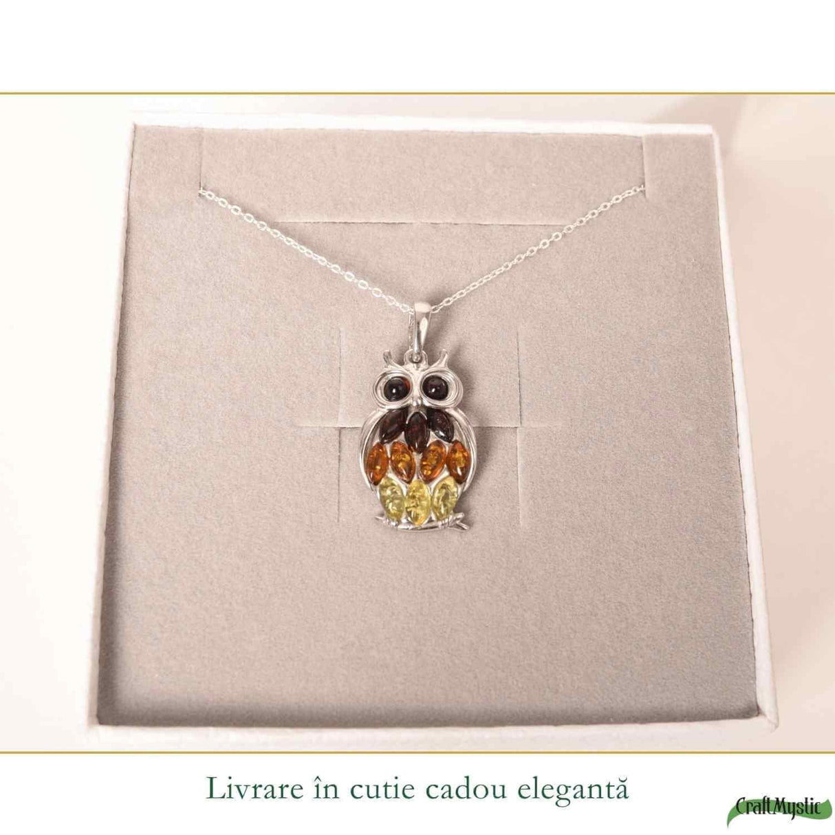 Colier argint 925 Bufnita 3 culori cu chihlimbar natural - Claritate si energie
