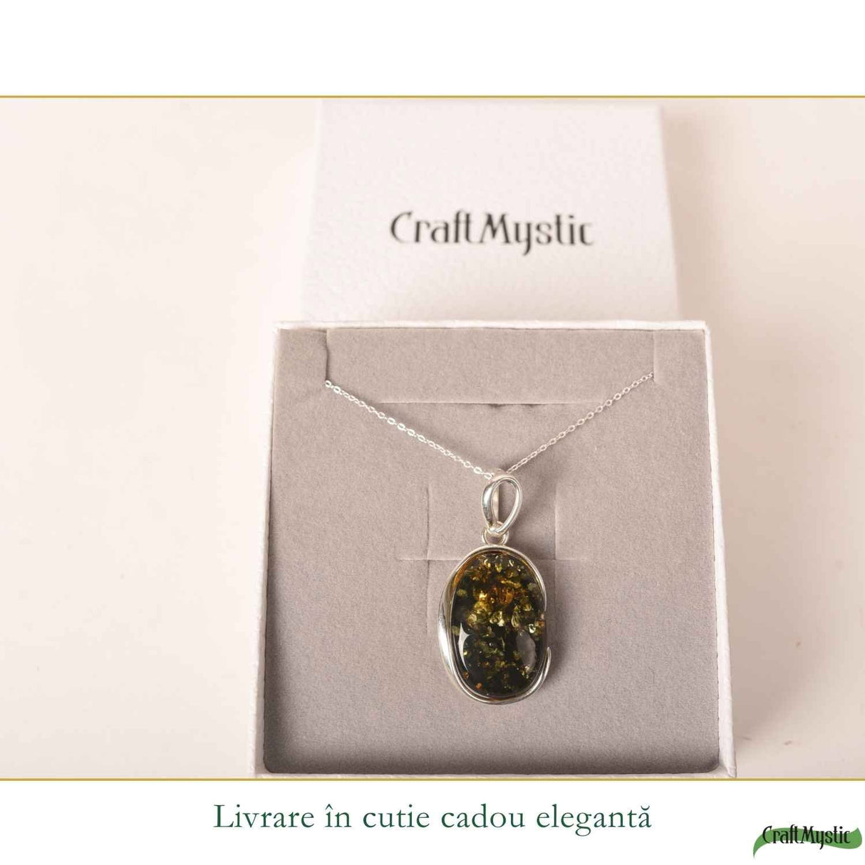 Colier Argint 925 cu Chihlimbar Verde Natural Oval - Energie Calda si Echilibru