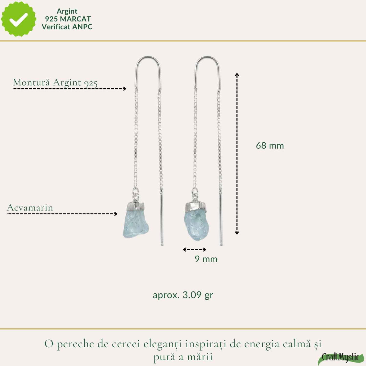Cercei Argint 925 cu Acvamarin Brut si Lant – Calm Interior si Eleganta Naturala