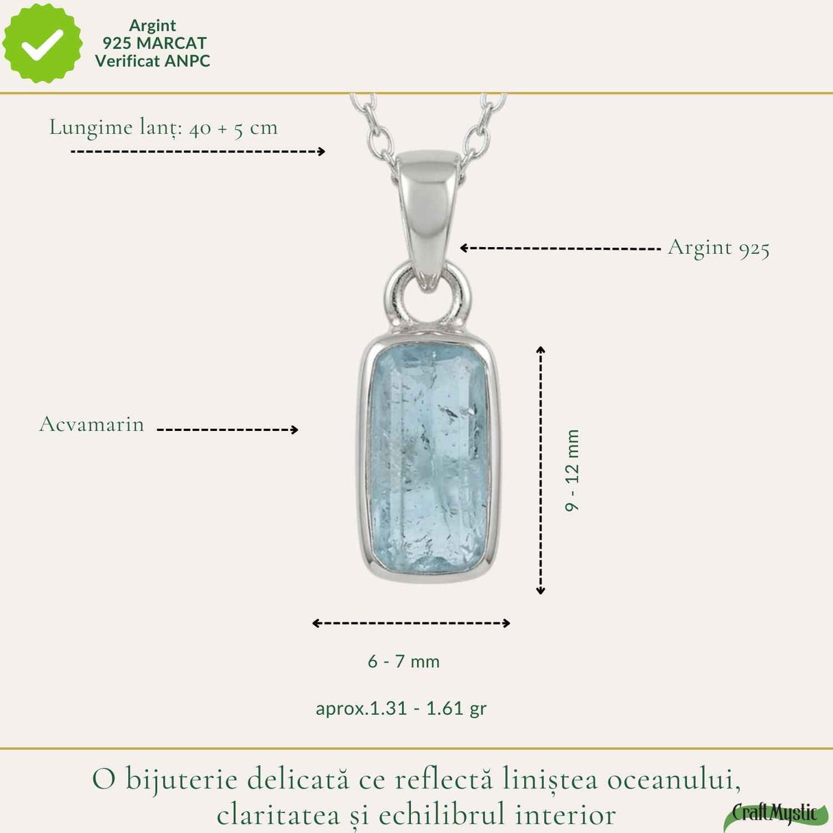 Colier Argint 925 cu Acvamarin Dreptunghi Fatetat – Claritate si Calm Interior