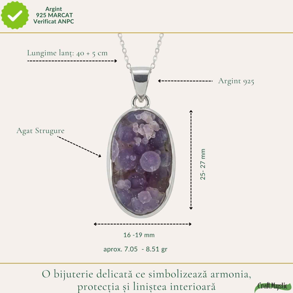 Colier Argint 925 cu Agat Strugure Natural Oval – Calm, Intuitie si Echilibru