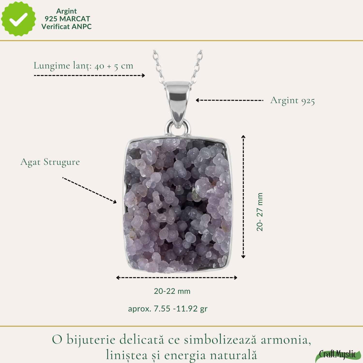 Colier Argint 925 cu Agat Strugure Natural Patrat – Energie de Calm si Echilibru