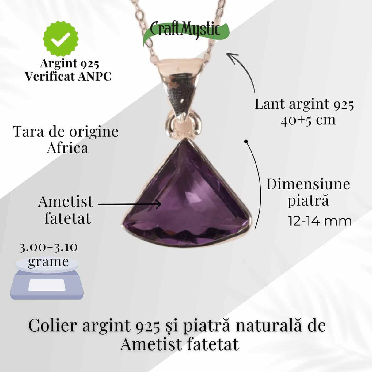 Colier Argint 925 cu Ametist Fatetat Triunghi - Protectie, Claritate si Echilibru Spiritual