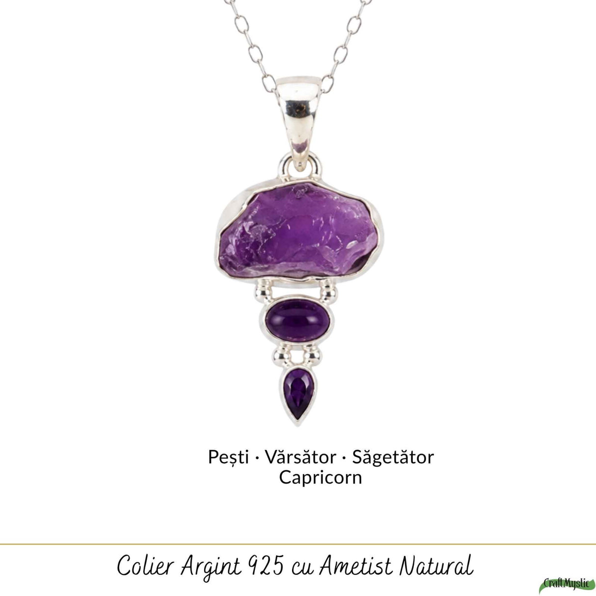 Colier Argint 925 cu Triplu Ametist – Liniste, Protectie si Claritate