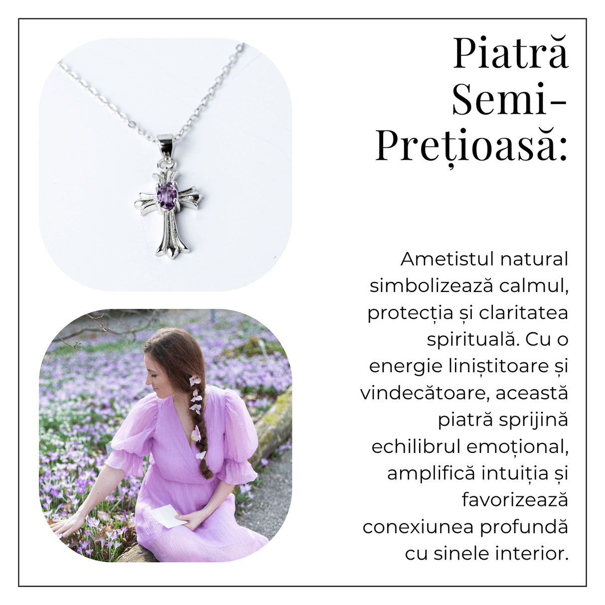 Colier Argint 925 cu Ametist Natural in Forma de Cruce - Liniste, Claritate si Protectie Energetica