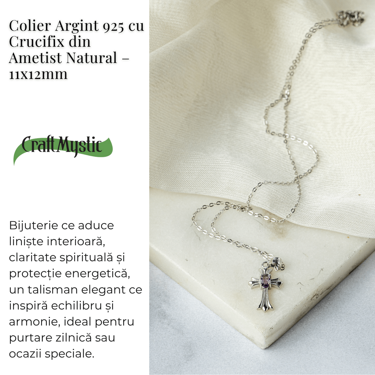 Colier Argint 925 cu Ametist Natural in Forma de Cruce - Liniste, Claritate si Protectie Energetica