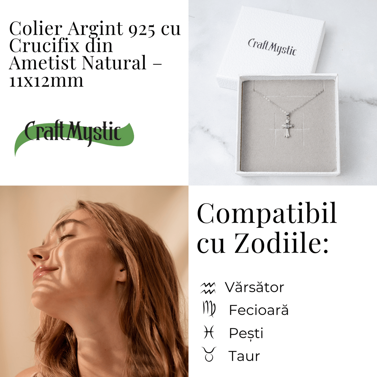 Colier Argint 925 cu Ametist Natural in Forma de Cruce - Liniste, Claritate si Protectie Energetica