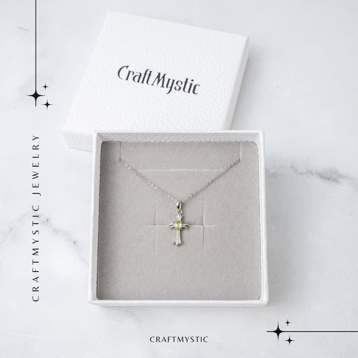 Colier Argint 925 cu Peridot Natural in Forma de Cruce - Armonie Interioara si Protectie Divina