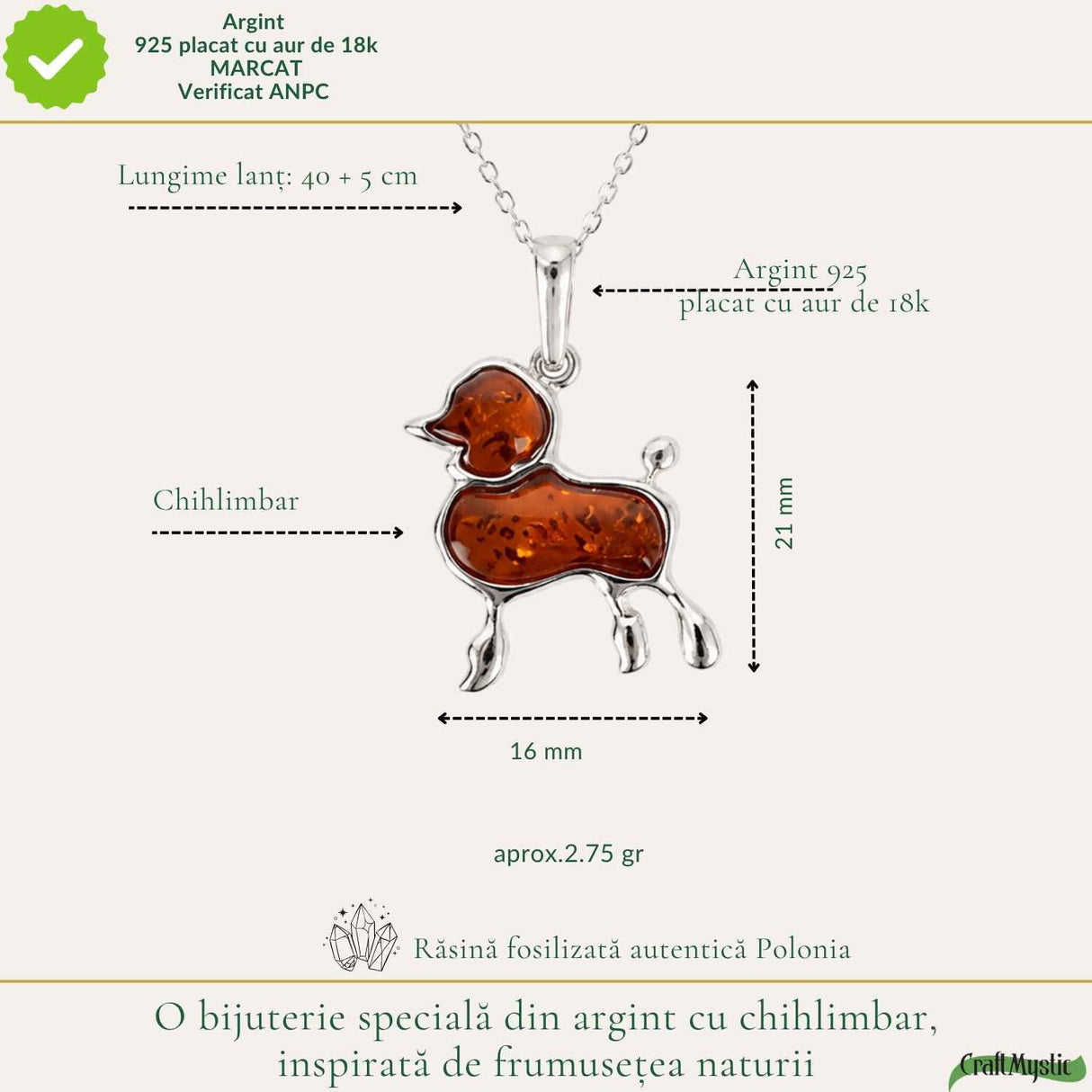 Colier Argint 925 cu Chihlimbar Pudel – Energie Calda si Bucurie