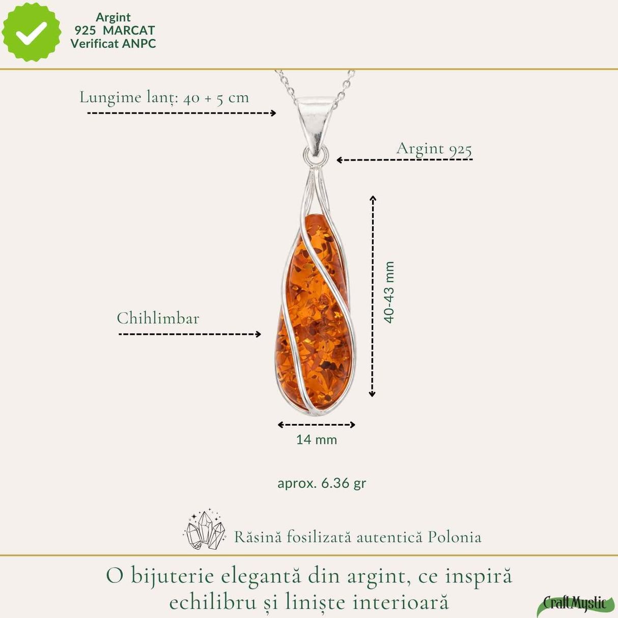Colier Argint 925 cu Chihlimbar Lacrima Spiralata – Eleganta si Echilibru Interior