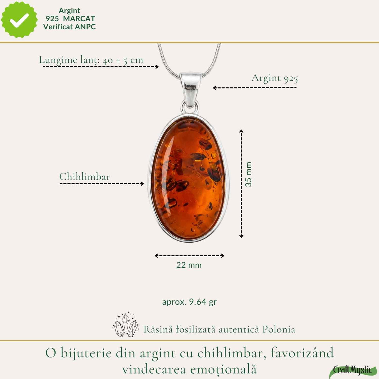 Colier Argint 925 cu Chihlimbar oval – Protectie si Energie Pozitiva
