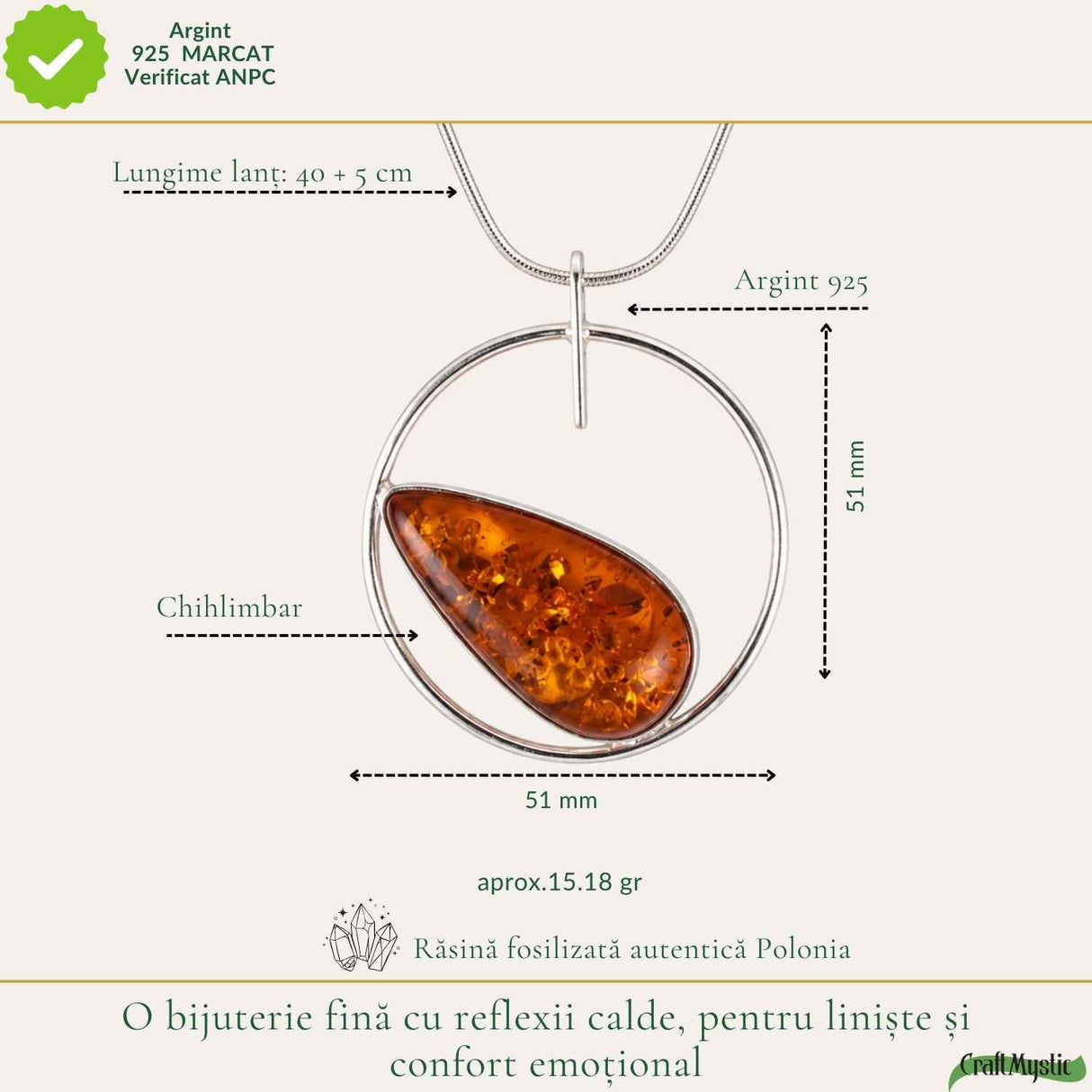 Colier Argint 925 cu Chihlimbar Lacrima – Energie Calda si Eleganta Naturala
