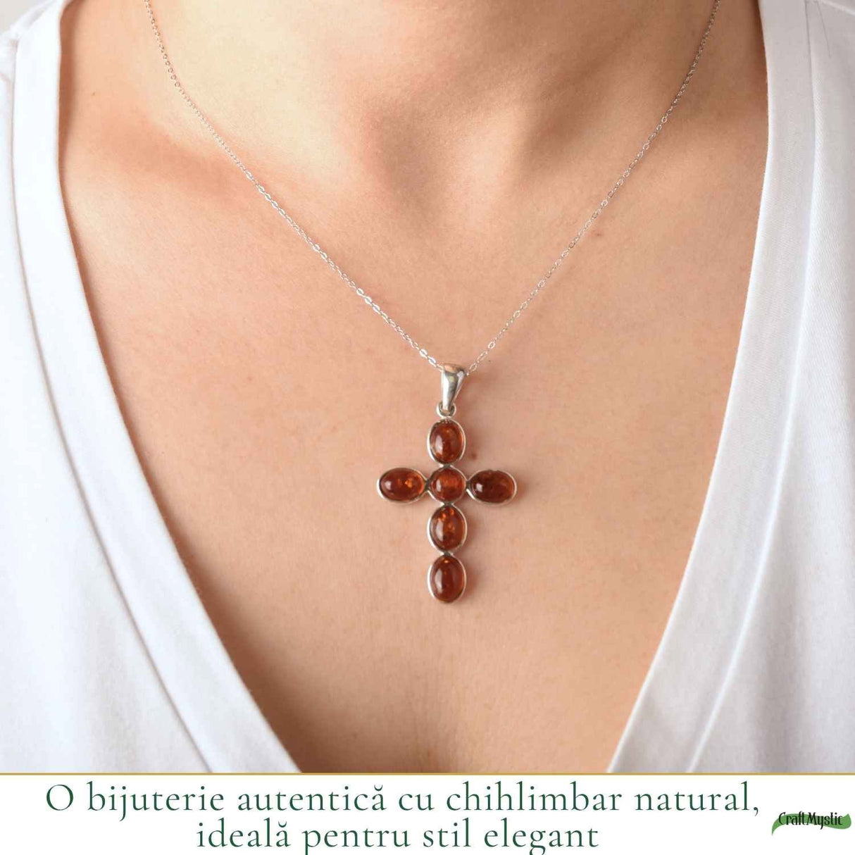 Colier Argint 925 cu Chihlimbar Cruce – Protectie si Energie Pozitiva