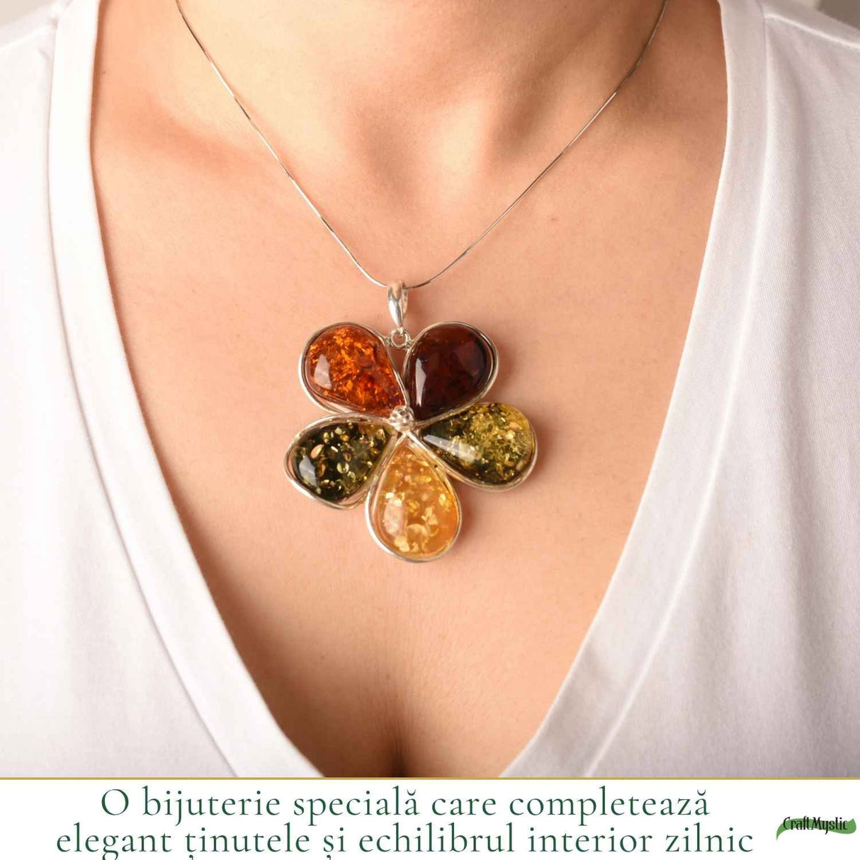 Colier Argint 925 cu Chihlimbar Floare – Feminitate si Energie Solara
